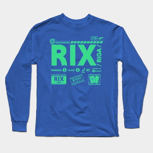 Vintage Riga RIX Airport Code Travel Day Retro Travel Tag Latvia Long Sleeve T-Shirt by Now Boarding